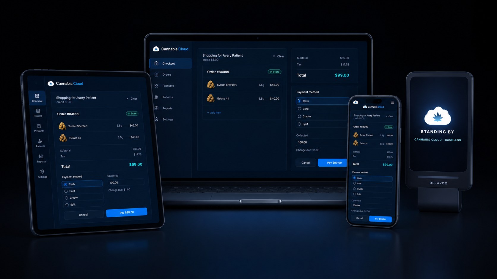 Cannabis Cloud POS on iPhone, iPad and MacBook showing the same Pay $99 checkout, with a Dejavoo cashless terminal on standby