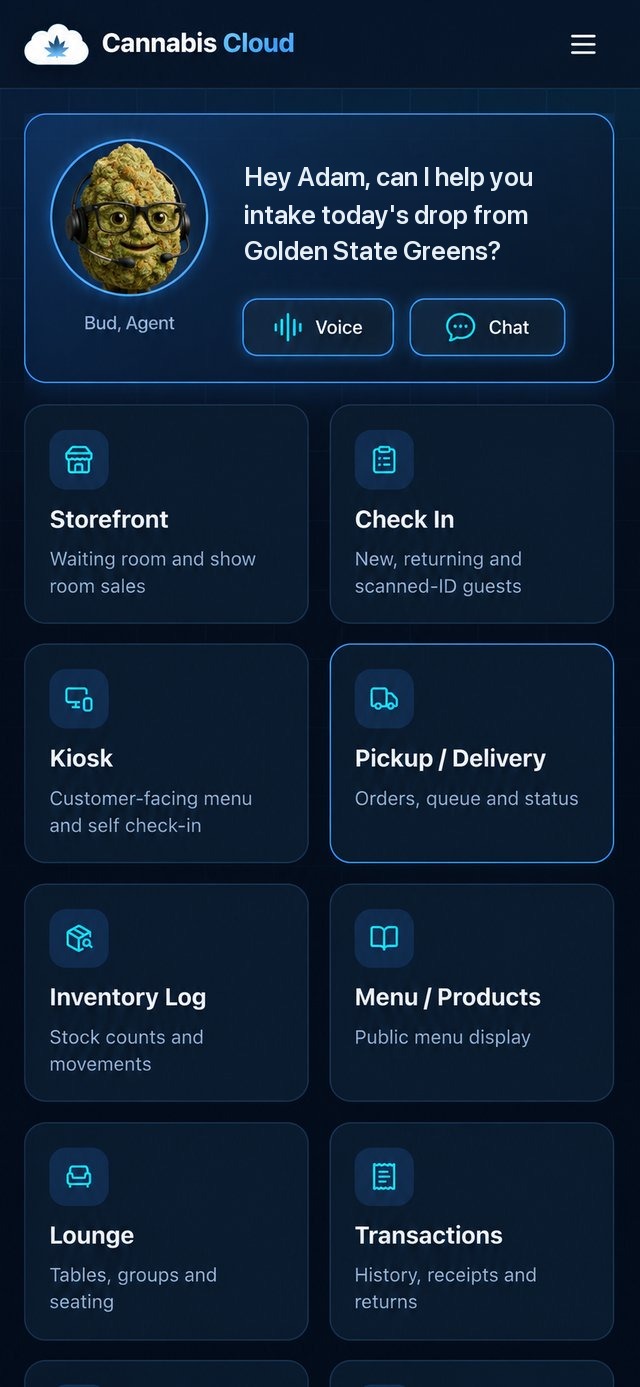 Home screen: Bud greets the operator with Voice and Chat options