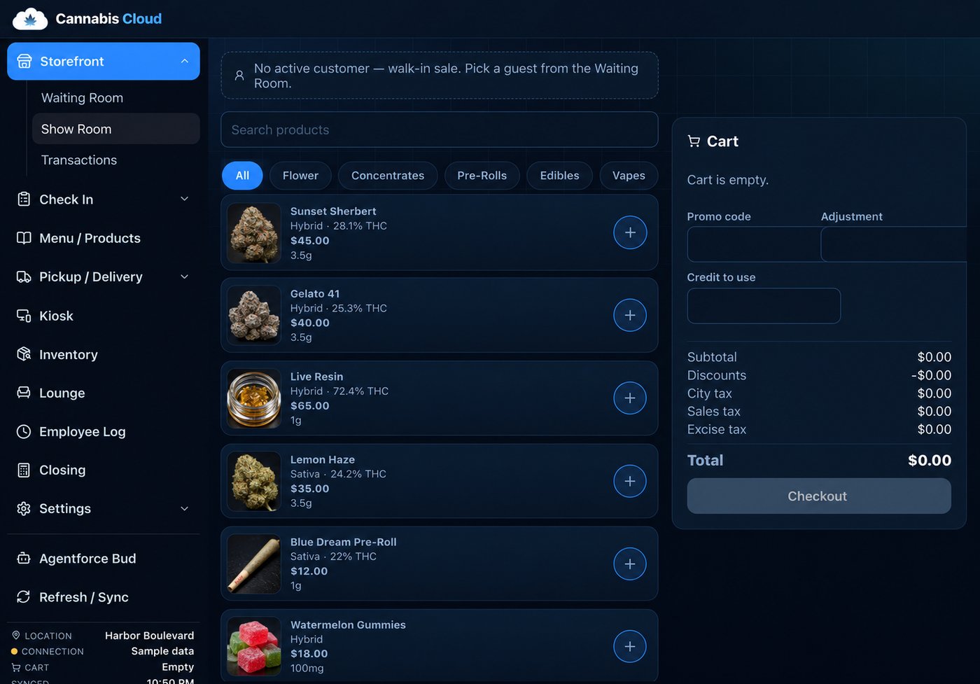Cannabis Cloud POS on iPad — show room with live cart
